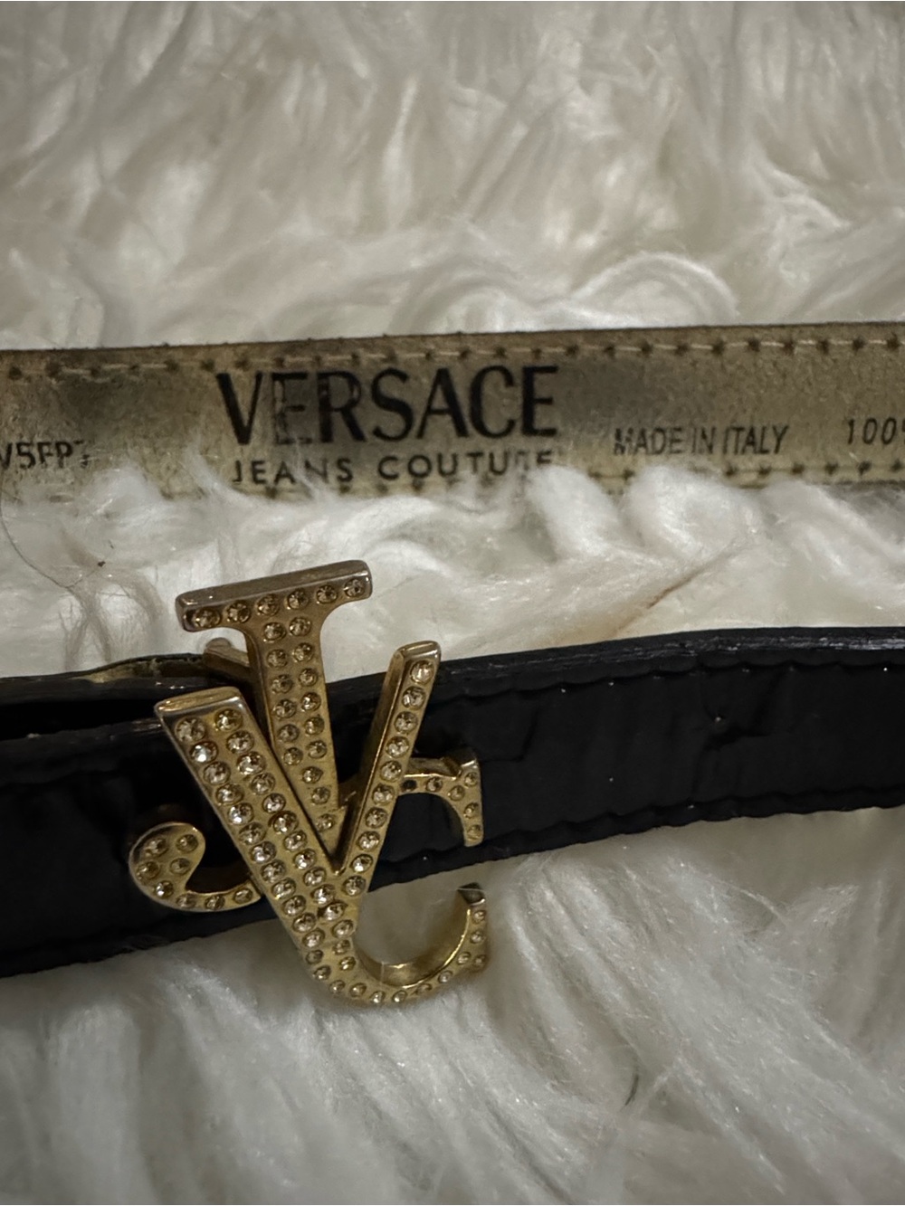 Versace Black Leather Belt with Gold Crystal Logo Buckle